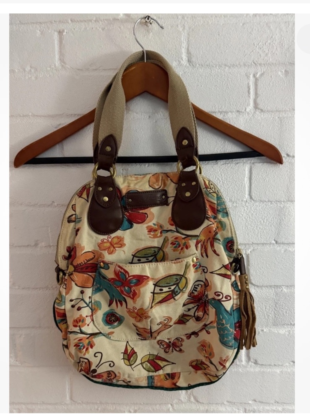 Lucky Brand Cream Canvas Floral Shoulder Bag with Brown Trim - Picture 3 of 8